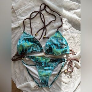 *VTG* Y2K‎ O'Neill Teal and Brown Graphic String Bikini